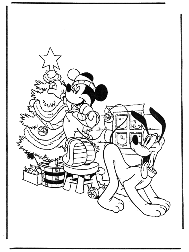 Pluto i Mickey z choinką - Kolorowanki Bożonarodzeniowe